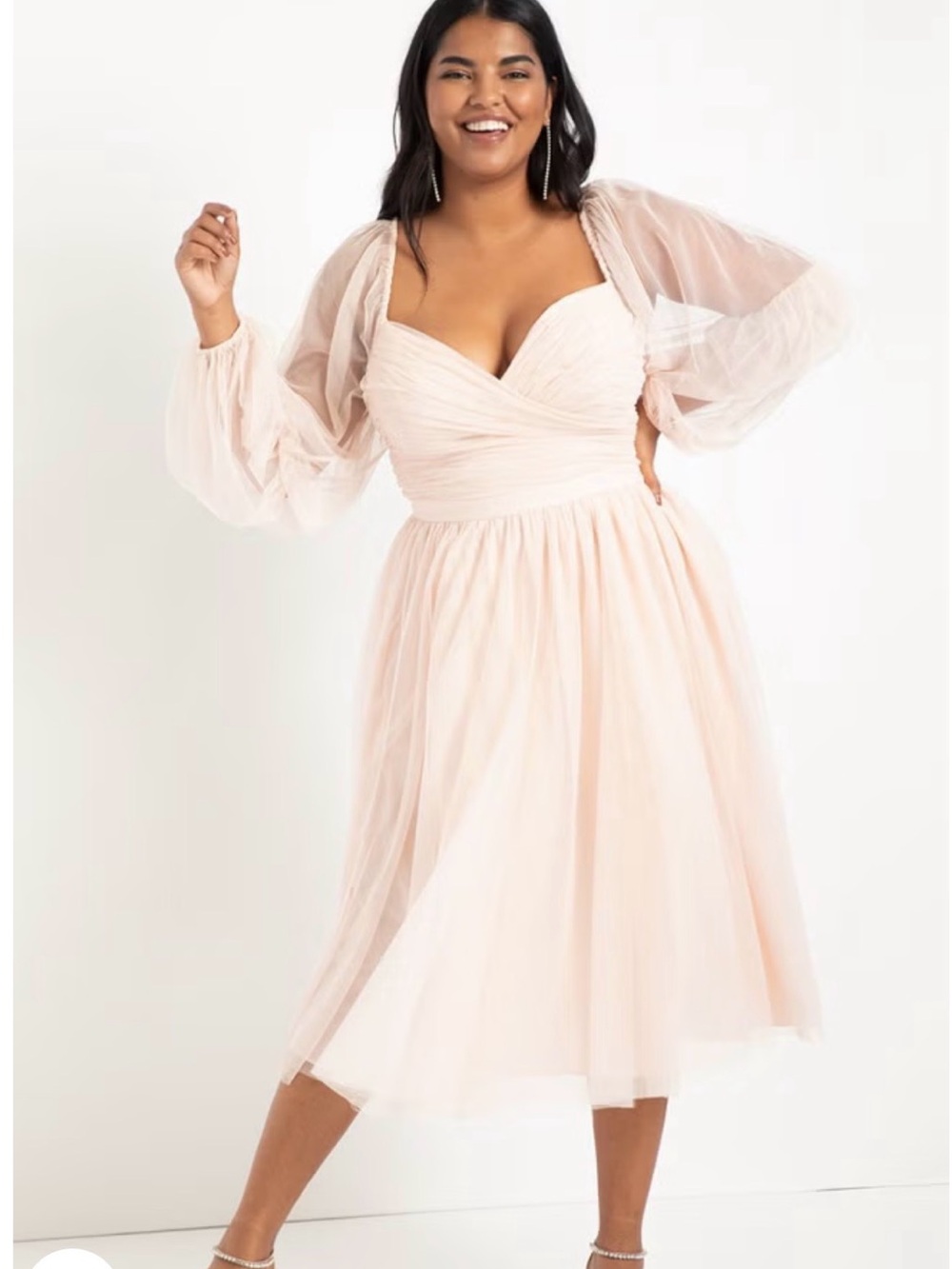 ELOQUII x Nabela Noor Blush Pink Tulle Midi Dress Puff Sleeve Size 16